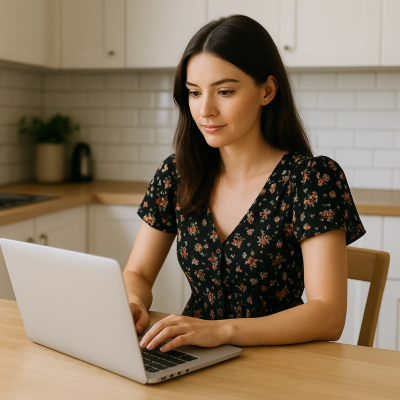 Woman in a casual dress reading the Casual Dress blog